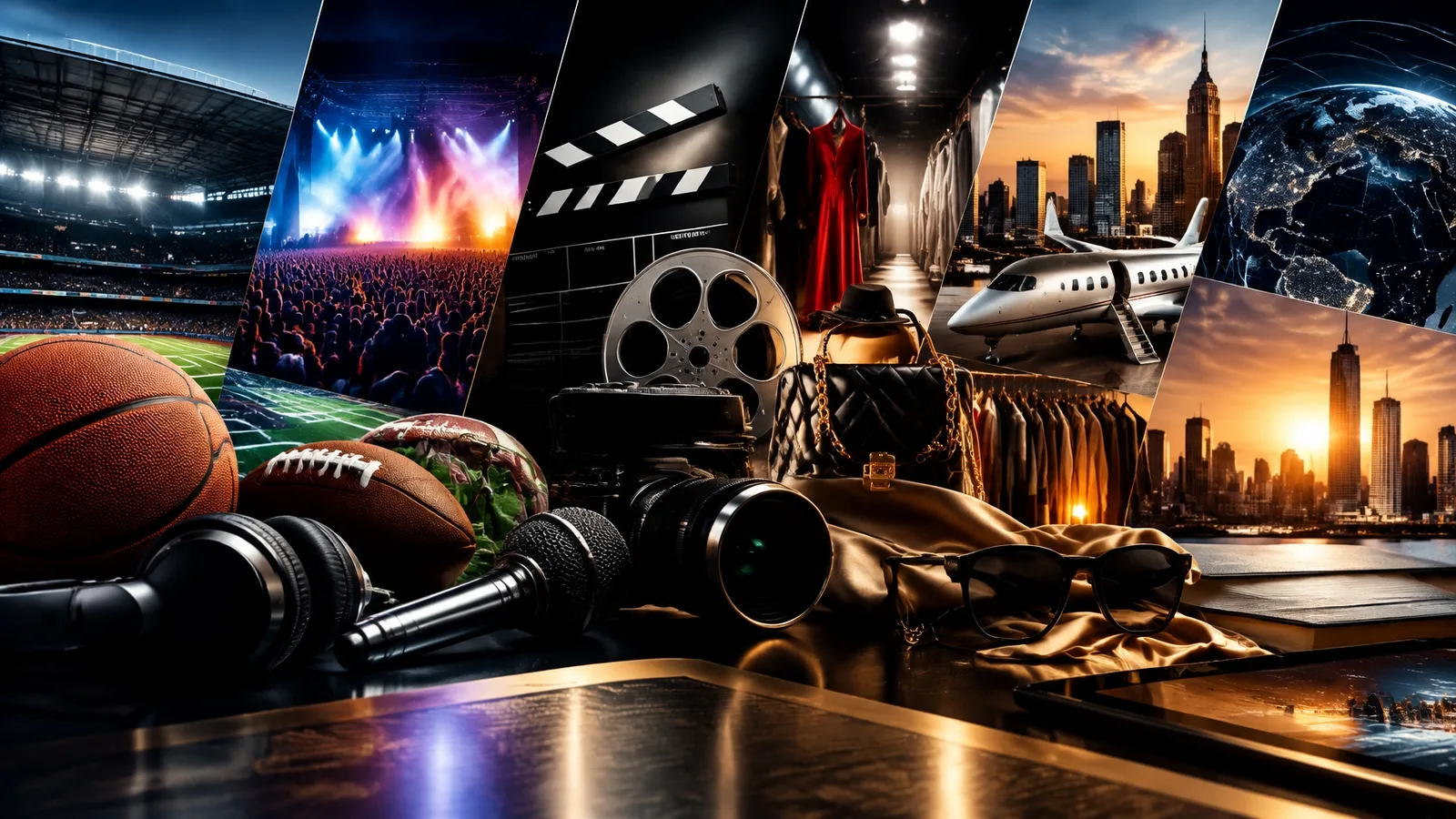 A collage of a stadium, concert, film, fashion, city, and global imagery